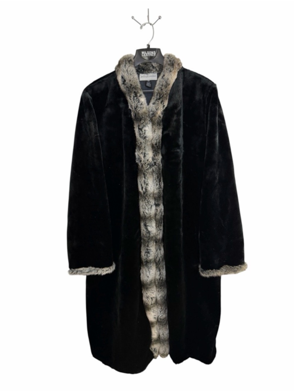 Jessica London 26W Black Faux Fur Long Coat Chinchilla Trim Mob Wife